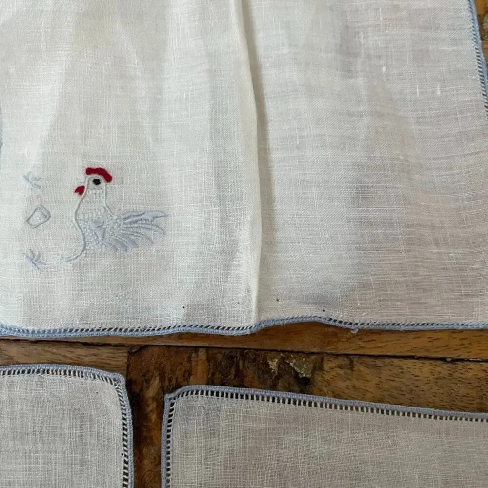 Madeira Linen Cocktail Napkins Set of 16 Hand-Embroidered Blue Rooster Drink